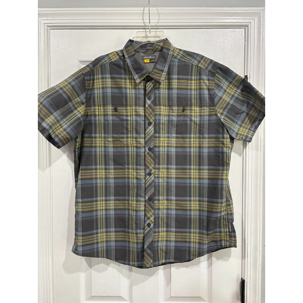 Eddie Bauer Mens XL Classic Fit Plaid Shirt Short Sleeve Nylon Outdoor Travel